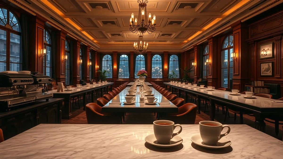 Salón Atlántico of the NH Gran Hotel Provincial with tables for coffee tasting and espresso machines