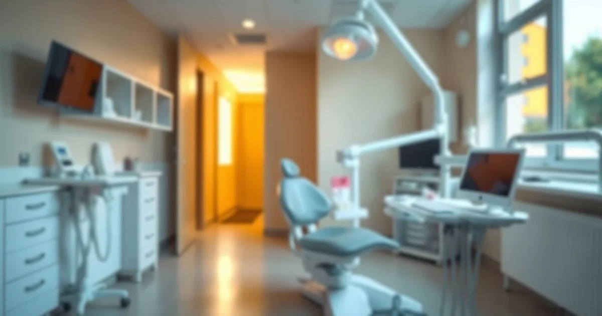 Interior of an empty dental clinic with a dental chair and medical equipment