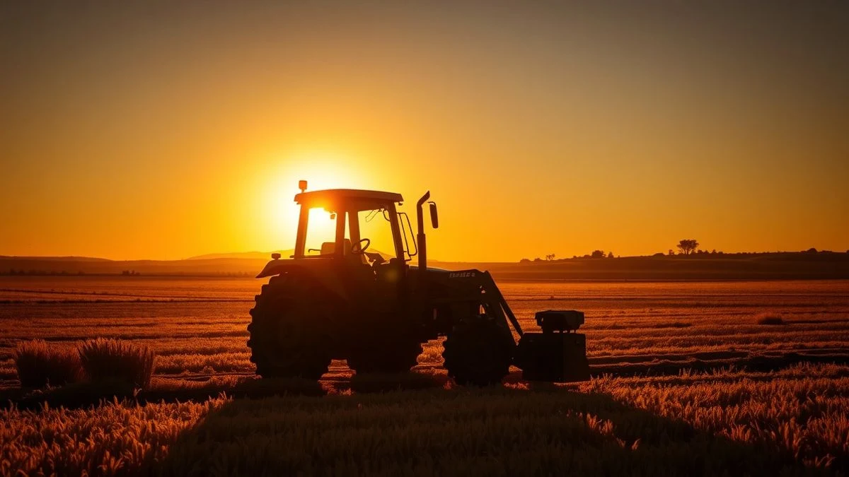 Tractor in a wheat field at sunset with silhouette and long shadows