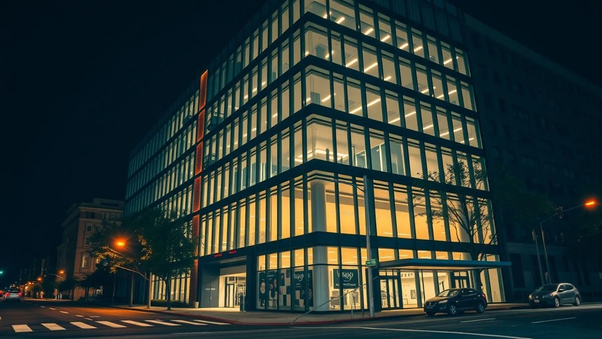 Illustrative image: tech office building in San Francisco at night, with artificial light from street lamps and neon reflecting on wet pavement.