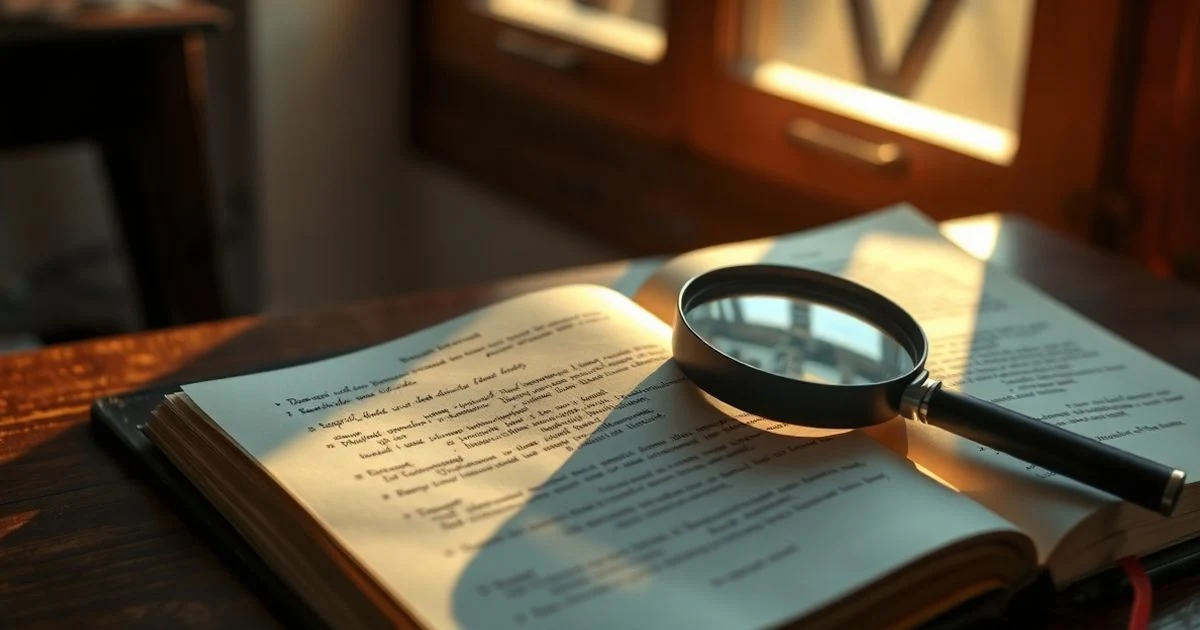 Open book with a magnifying glass on a page full of handwritten corrections, illuminated by natural light from a window