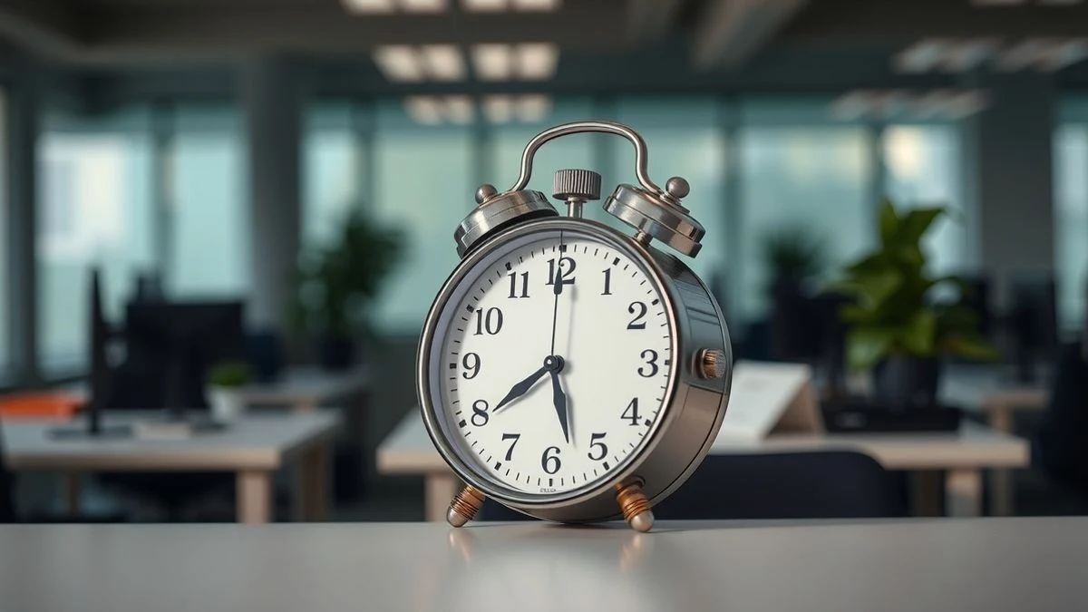 Imagen ilustrativa: un reloj de escritorio en primer plano con un fondo de oficina desenfocado