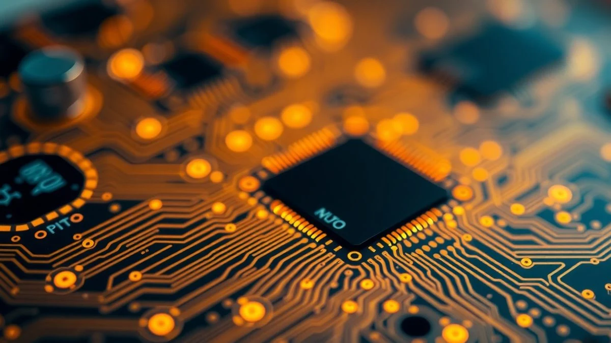 Close-up of an AI chip with bright circuits and intricate patterns