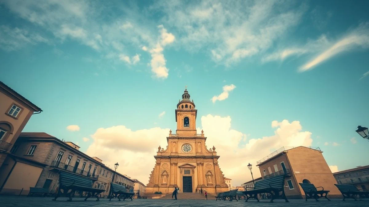 Plaza San Martín in Tres Arroyos with church in the background, empty benches and cloudy sky