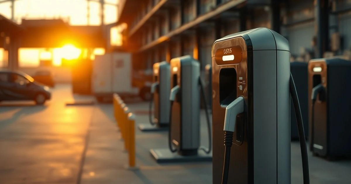 Electric vehicle charging station with a Wallbox charger in the foreground in a Spanish industrial setting