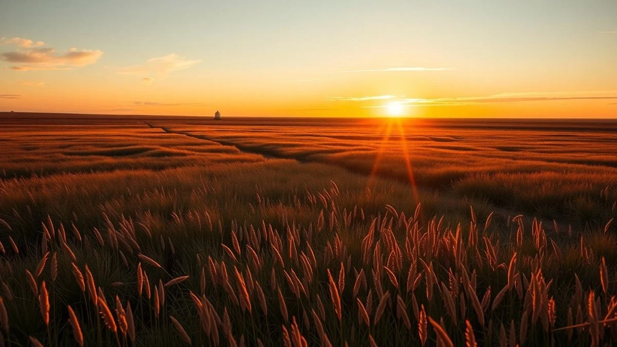 Soyuz capsule in the steppe of Kazakhstan at sunset, with tall grass and cloudy sky