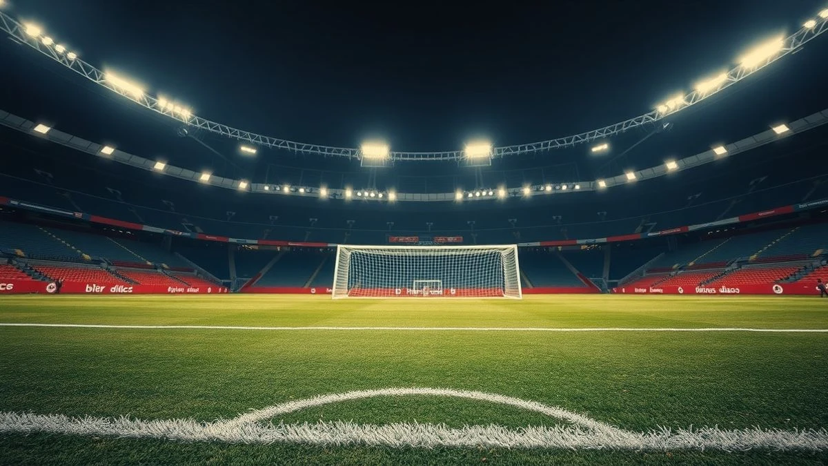 Empty football field with a ball in the penalty area at sunset