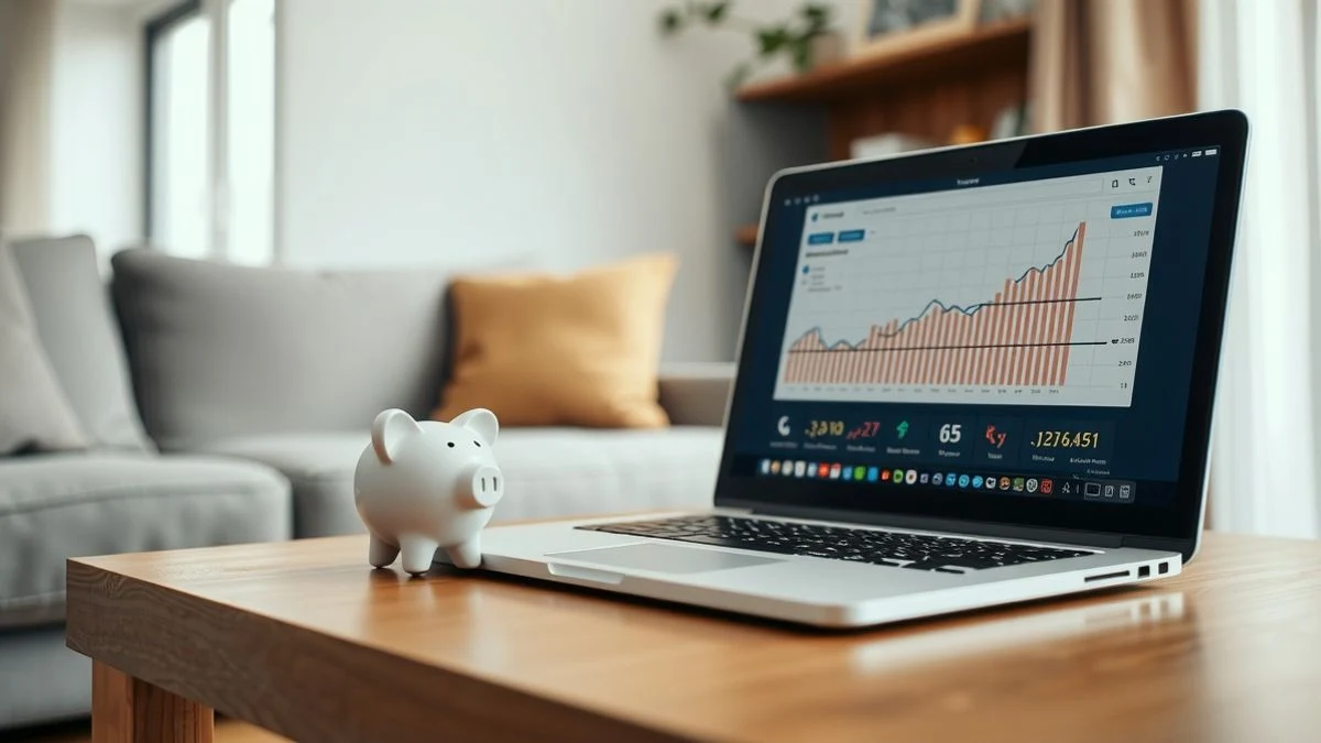 Living room with laptop showing financial graph, piggy bank and plant on wooden table