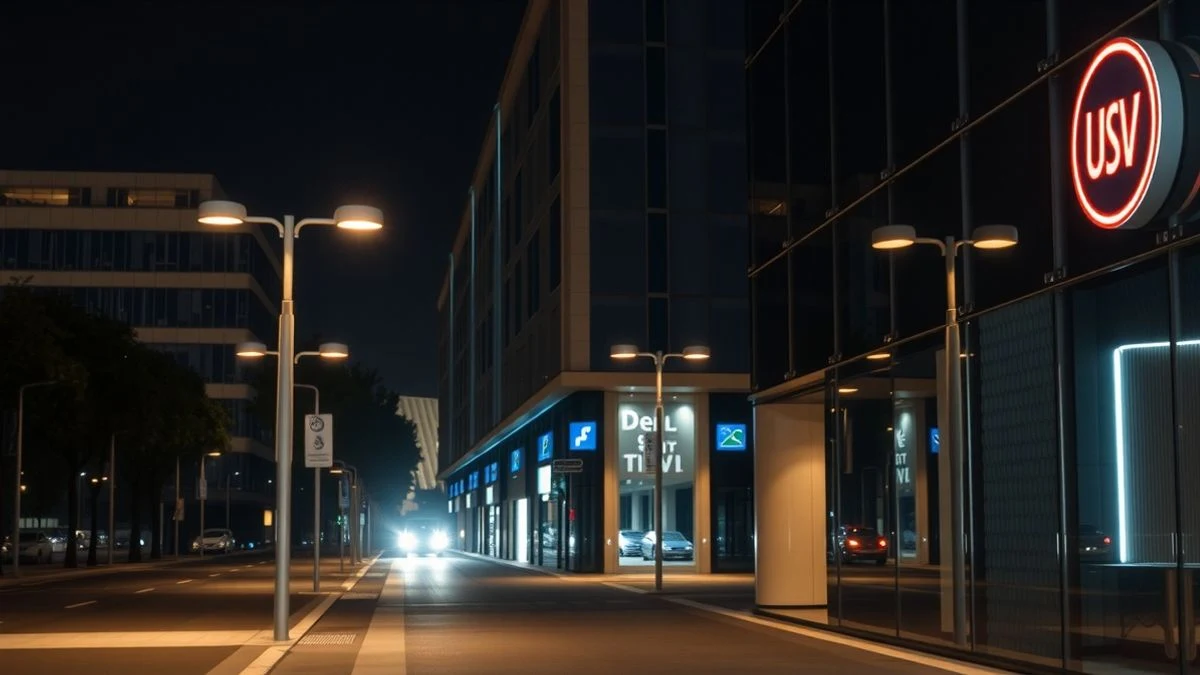 Illustrative image: facade of an office building illuminated at night in a business district