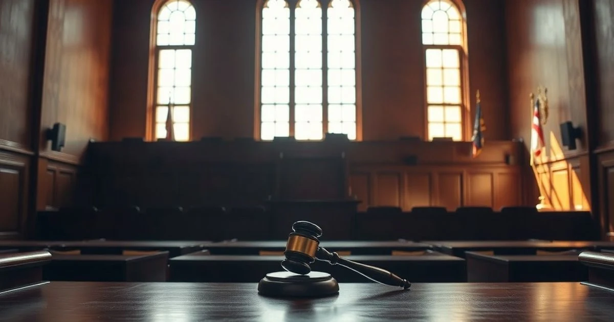 Empty courtroom with judicial podium and gavel, dramatic natural light