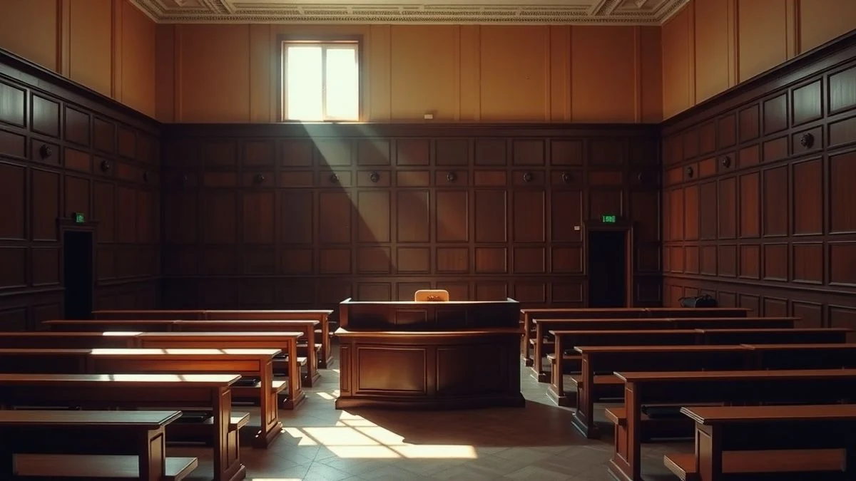 Empty courtroom with judges' bench and dramatic natural light