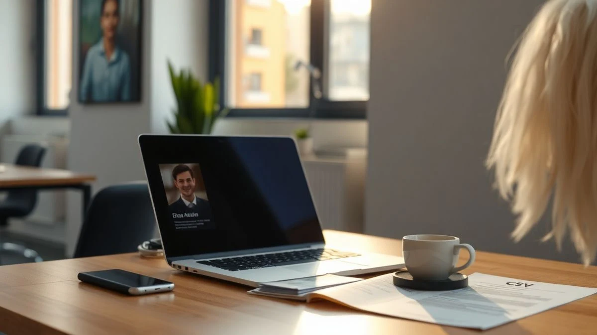 Office desk with laptop showing LinkedIn profile, printed CV, and coffee mug, soft natural light.