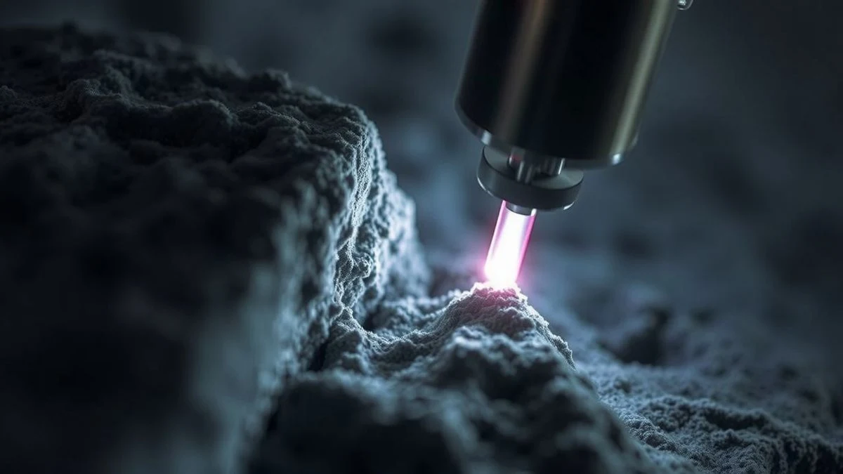 Close-up of lunar dust being sintered by a laser, forming a solid block with sparks and an orange glow.